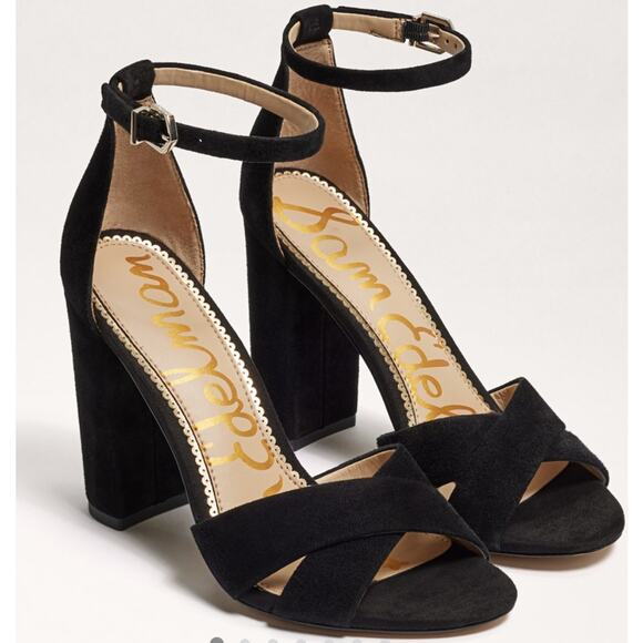 Sam Edelman Yancy Ankle Strap Sandals Black Suede Womens 11 Shoe Heels - Picture 1 of 7